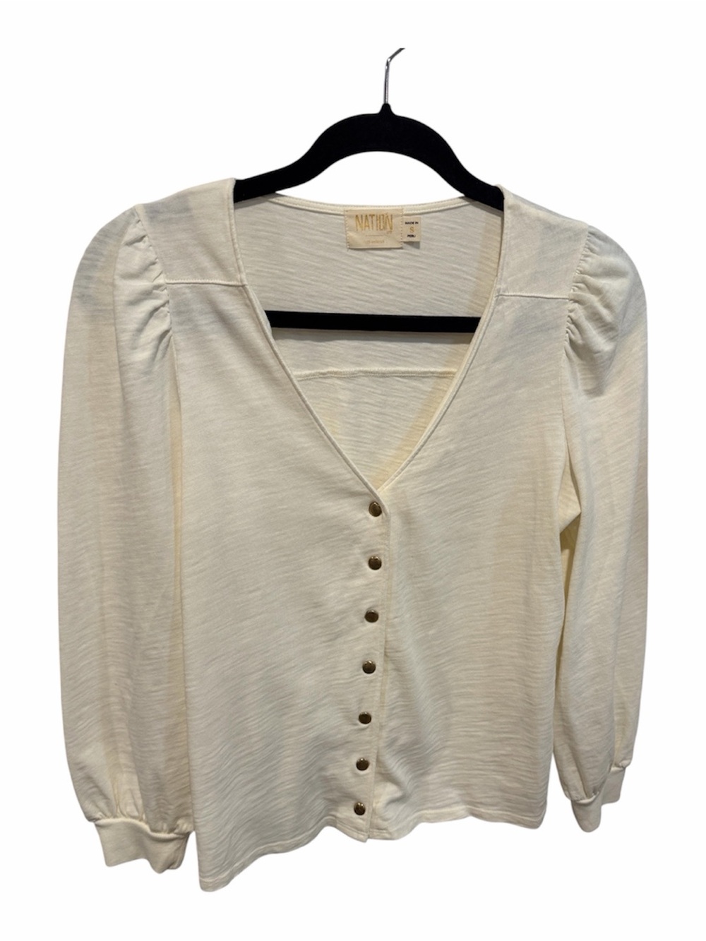 Nation LTD ivory v neck snap front puff sleeve cotton top size small
